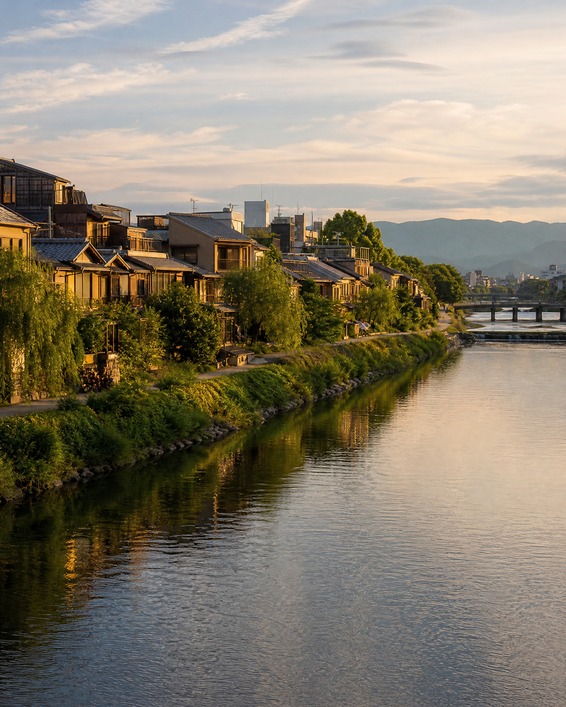 Kamo River and traditional Kyoto streetscape